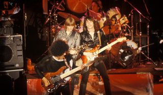 Thin Lizzy perform live onstage at the Ritz Theatre in New York City in December 1980