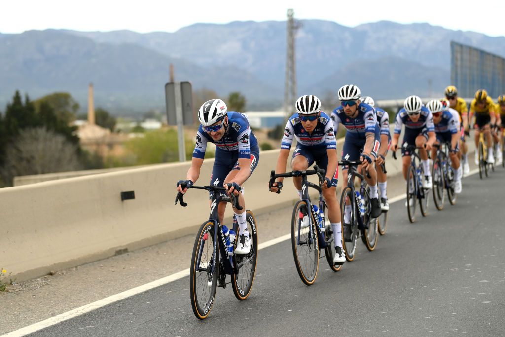 LO PORT SPAIN MARCH 24 Pieter Serry of Belgium and Team Soudal QuickStep leads the peloton during the 102nd Volta Ciclista a Catalunya 2023 Stage 5 a 1766km stage from Tortosa to Lo Port Mirador del Portell 1033m UCIWT on March 24 2023 in Lo Port Spain Photo by David RamosGetty Images