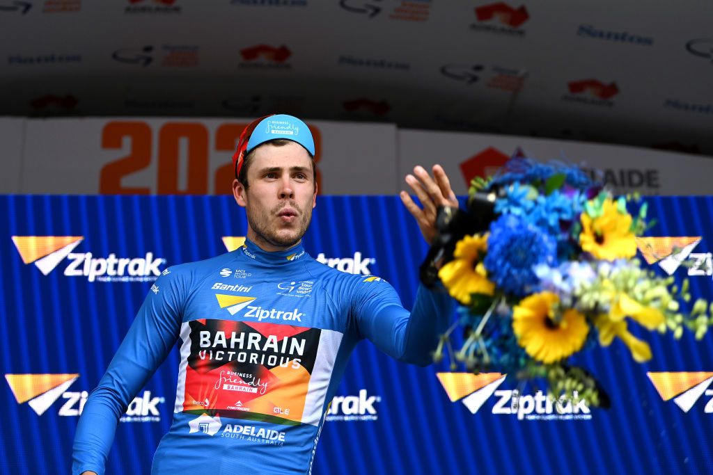TANUDAZ AUSTRALIA JANUARY 18 Phil Bauhaus of Germany and Team Bahrain Victorious celebrates at podium as Blue Sprint Jersey during the 23rd Santos Tour Down Under 2023 Stage 1 a 1499km stage from Tanunda to Tanunda on January 18 2023 in Tanunda Australia Photo by Tim de WaeleGetty Images