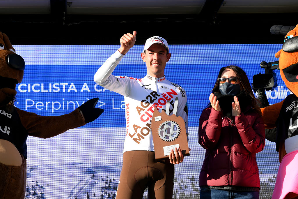 LA MOLINA SPAIN  MARCH 23 Ben Alexander Oconnor of Australia and AG2R Citren Team celebrates winning the stage on the podium ceremony after the 101st Volta Ciclista a Catalunya 2022 Stage 3 a 1611km stage from Perpignan to La Molina 1691m  VoltaCatalunya101  WorldTour  on March 23 2022 in La Molina Spain Photo by David RamosGetty Images