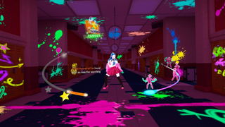 Hamish playing Thank u, next in Just Dance VR; paint is splattered all over the lockers in this VR high school satge