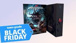 Dungeons & Dragons rule books with a Black Friday sticker in front.
