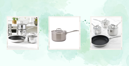 Compilation of three images showing the best stainless steel pans and cookware sets