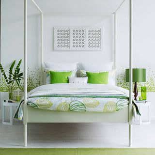 white bedroom with lime green bedding and lamps