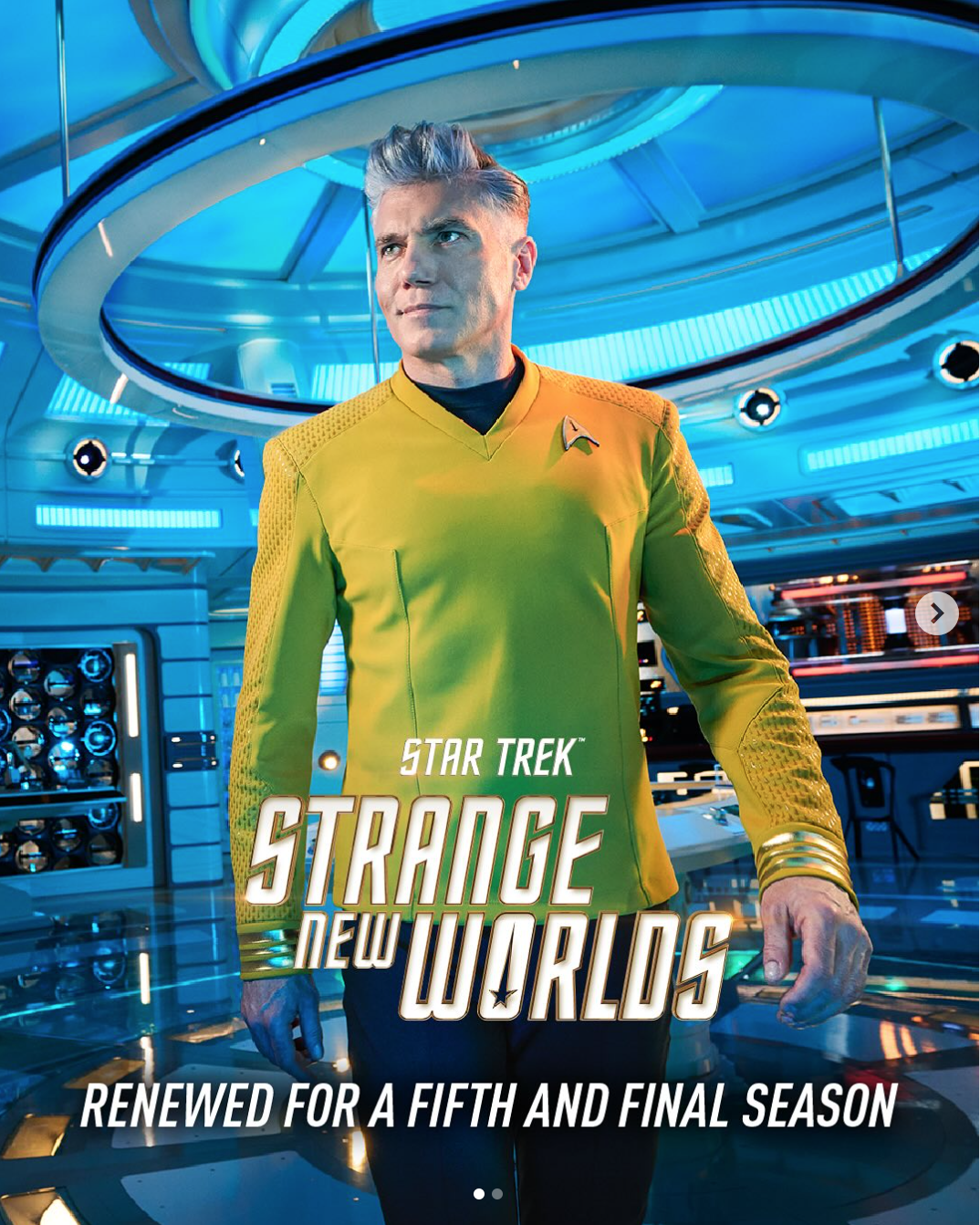 a promo poster featuring a starship captain on a futuristic spaceship bridge