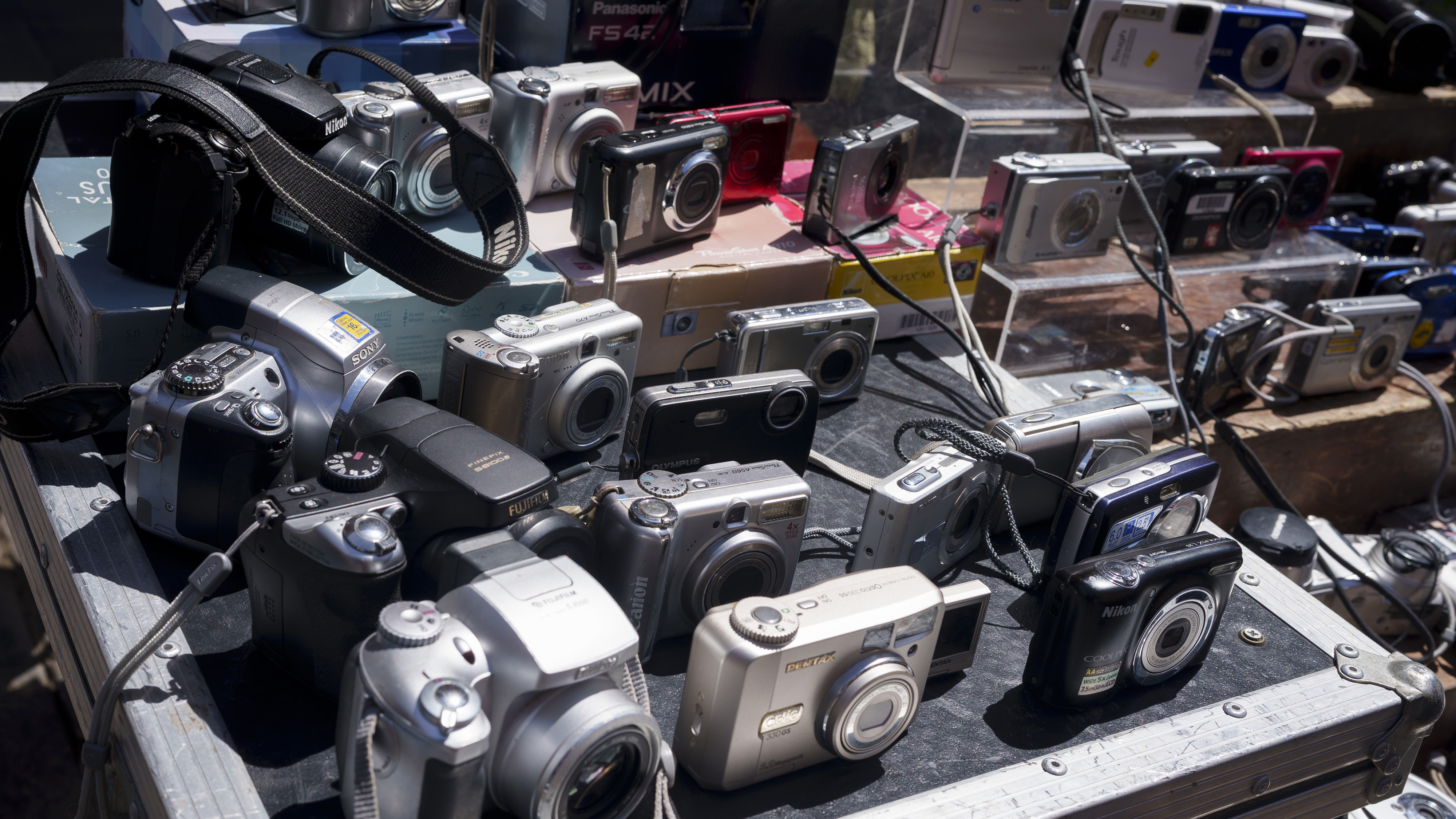A collection of vintage compact film cameras are on display at a market stall on Brick Lane, on 14th June 2026, in London, England. (Photo by Richard Baker / In Pictures via Getty Images)