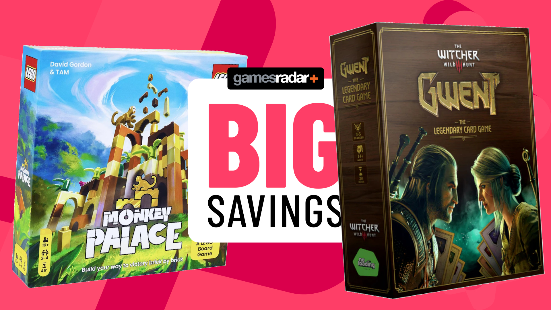 Monkey Palace and Gwent boxes on either side of a GamesRadar+ &#039;big savings&#039; badge, all against a pink background