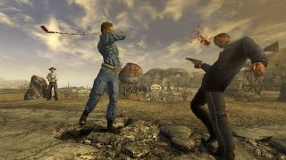 A man swings a golf club at another man's head in New Vegas.