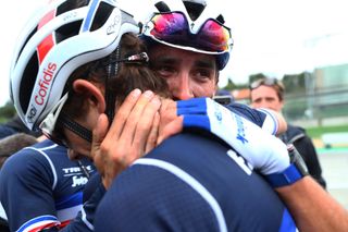 IMOLA ITALY SEPTEMBER 27 Arrival Julian Alaphilippe of France Guillaume Martin of France Celebration during the 93rd UCI Road World Championships 2020 Men Elite Road Race a 2582km race from Imola to Imola Autodromo Enzo e Dino Ferrari ImolaEr2020 Imola2020 on September 27 2020 in Imola Italy Photo by Alex Whitehead PoolGetty Images