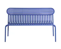 A contemporary blue metal garden bench