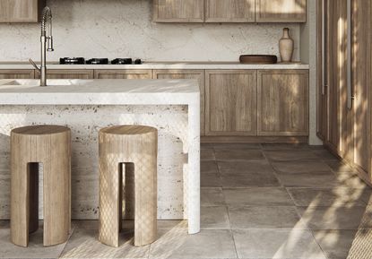 concrete kitchen island and wood bar stools