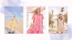 3 pictures of a model wearing pastel outfits