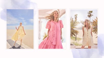 3 pictures of a model wearing pastel outfits