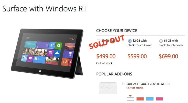 32GB Microsoft Surface RT without keyboard out of stock in US