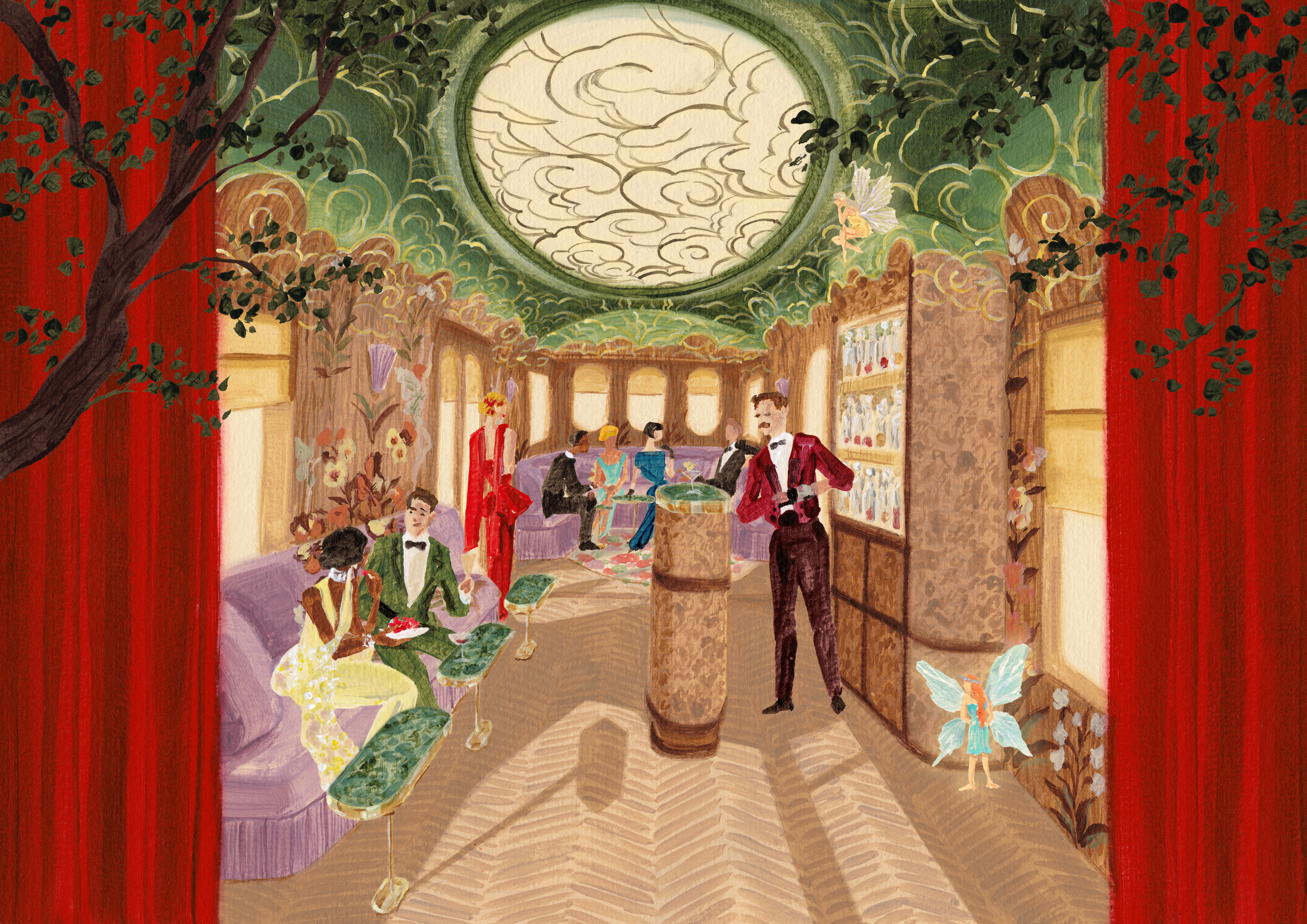 The glamorous interiors of a fantasy luxury train, depicted in an illustration featuring dressed-to-the-nines guests enjoying food and drinks inside of it as flowers and greenery spreads above their heads.