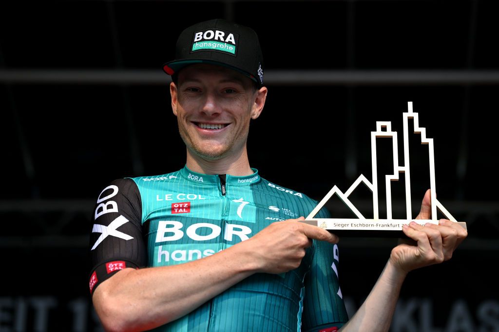 FRANKFURT AM MAIN GERMANY MAY 01 Sam Bennett of Ireland and Team Bora Hansgrohe celebrates at podium as race winner during the 59th EschbornFrankfurt 2022 a 185km one day race from Eschborn to FrankfurtamMain WorldTour on May 01 2022 in Frankfurt am Main Germany Photo by Stuart FranklinGetty Images