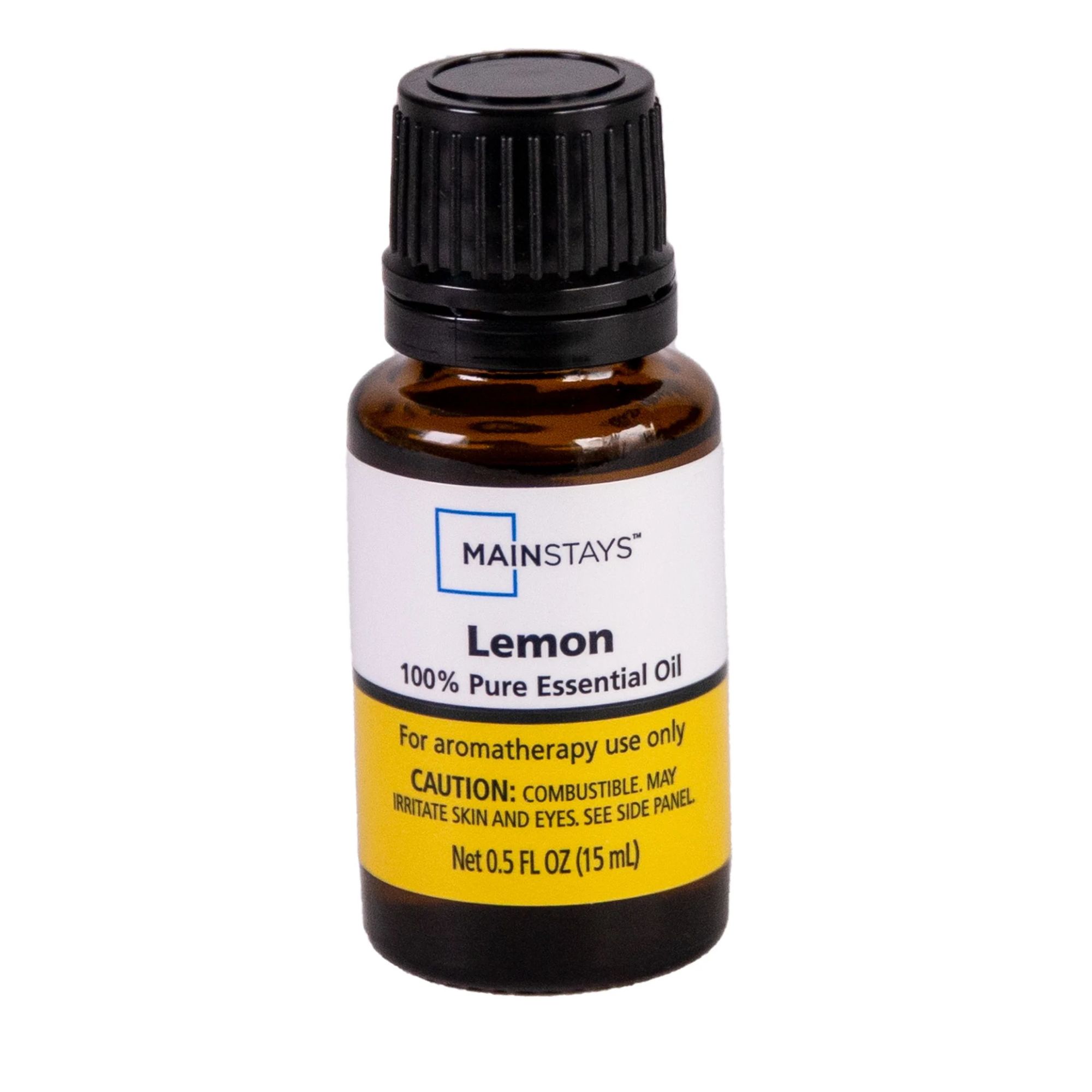 A small brown bottle of lemon essential oil with a yellow and white label and black lid