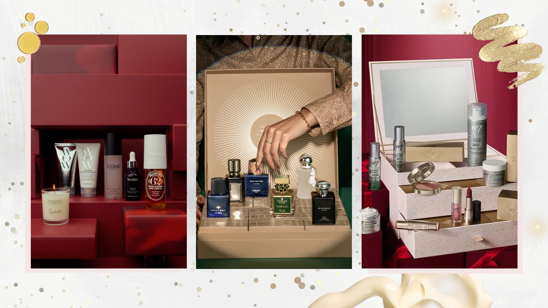 Collage of LookFantastic, Harrods and No7 advent calendars on a white marble background with gold glitter and makeup swatches 