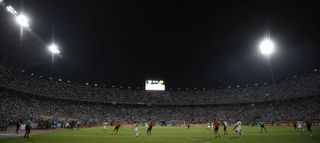A general view shows Egypt's Zamalek players in action with Morocco's RSB Berkane players during the second leg of the CAF Confederation Cup final football match between Egypt's Zamalek and Morocco's RSB Berkane at Borg El Arab Stadium near Alexandria on May 26, 2019.