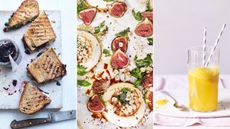 Compilation of images including toasted sandwiches, baked ricotta with figs and a fruit ice cream float