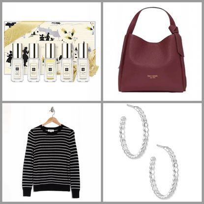 product collage of Nordstrom Crewneck Cashmere Sweater, Jo Malone London Cologne Collection, Kendra Scott Davis Small Hoop Earrings in Sterling Silver, Kate Spade Knott Medium Crossbody Tote on white background with grey border