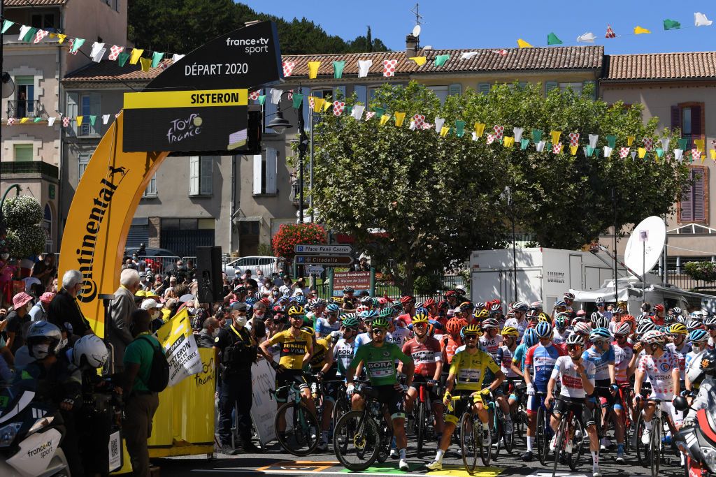 ORCIERES FRANCE SEPTEMBER 01 Start Peter Sagan of Slovakia and Team Bora Hansgrohe Green Points Jersey Toms Skujins of Latvia and Team Trek Segafredo Julian Alaphilippe of France and Team Deceuninck QuickStep Yellow Leader Jersey Marc Hirschi of Switzerland and Team Sunweb White Best Young Jersey Benoit Cosnefroy of France and Team Ag2R La Mondiale Polka Dot Mountain Jersey during the 107th Tour de France 2020 Stage 4 a 1605km stage from Sisteron to OrcieresMerlette 1825m TDF2020 LeTour on September 01 2020 in Orcieres France Photo by Tim de WaeleGetty Images