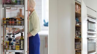 Compilation image showing upright kitchen storage units with pantry ingredients