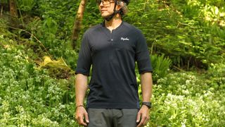 Shot of the front of the Rapha Explore Zip Neck technical T-shirt