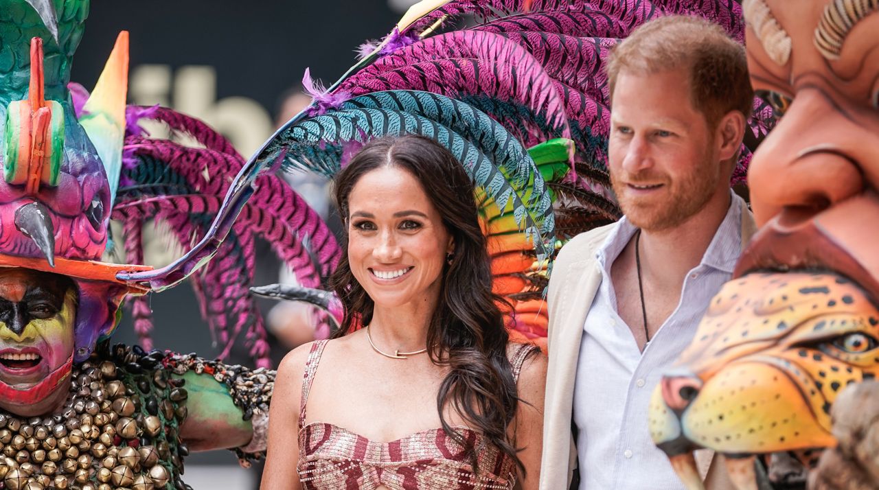 Meghan, Duchess of Sussex and Prince Harry, Duke of Sussex pose for a photo at Centro Nacional de las Artes Delia Zapata during a visit to Colombia on August 15, 2024 in Bogota, Colombia.