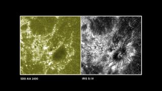 This image compares observations from the Solar Dynamics Observatory (left) and the IRIS telescope (right).