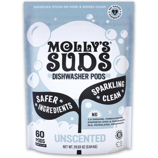 A blue, white and black packet of Molly's suds dishwasher pods with white bubbles and black leaves