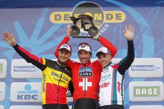 The Tour of Flanders podium: Tom Boonen (Quick Step), Fabian Cancellara (Saxo Bank) and Philippe Gilbert (Omega Pharma-Lotto)