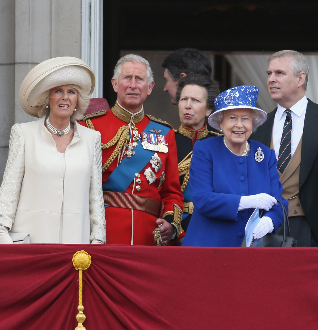 Queen Camilla, King Charles, Queen Elizabeth, Prince Andrew and other royals on the balcony at Buckingham Palace during Trooping the Colour 2013