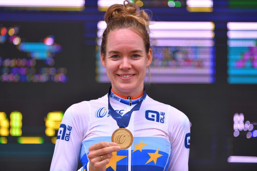 PLOUAY FRANCE AUGUST 24 Podium Anna Van Der Breggen of Netherlands Gold Medal European Champion Jersey Celebration during the 26th UEC Road European Championships 2020 Womens Elite Individual Time Trial a 256km race from Plouay to Plouay ITT UECcycling EuroRoad20 on August 24 2020 in Plouay France Photo by Luc ClaessenGetty Images