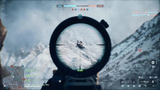 Battlefield 6 multiplayer gameplay showing a first-person view of a gun sights aiming at a helicopter