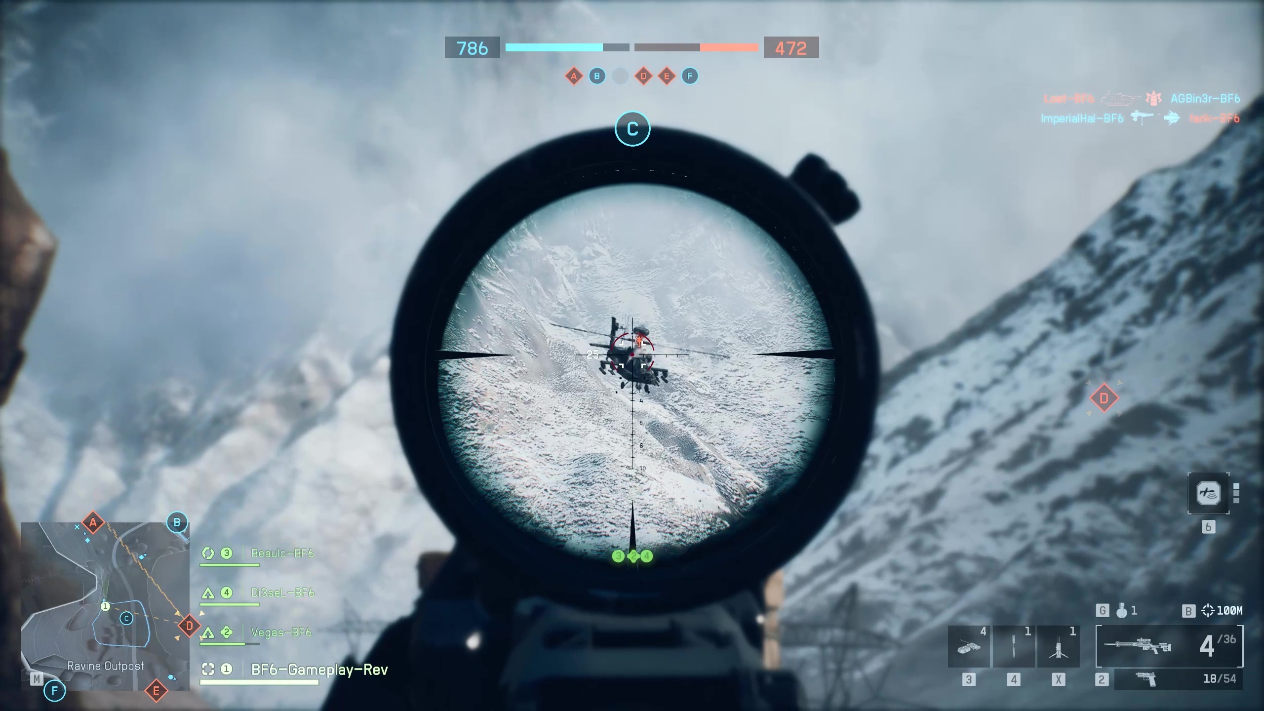 Battlefield 6 multiplayer gameplay showing a first-person view of a gun sights aiming at a helicopter