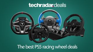 Four PS5 racing wheels on a green background