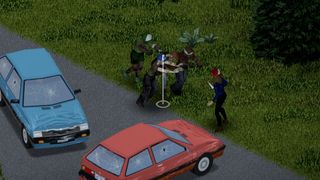 Project Zomboid - A character holding a kitchen knife walks backwards behind two crashed cars while several zombies chase them.