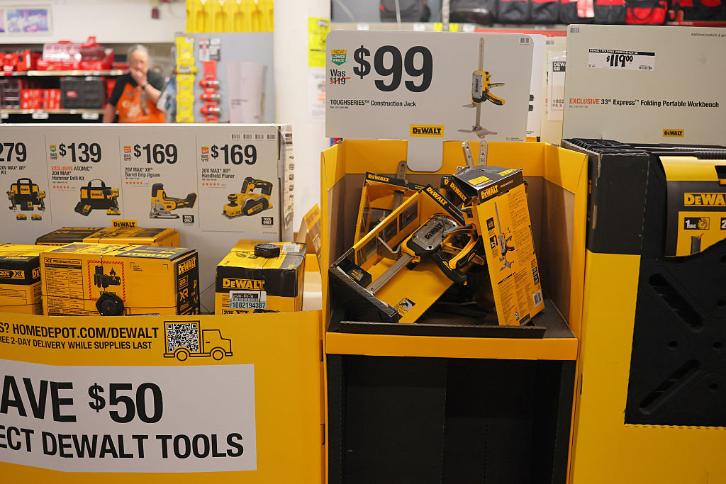 DeWalt products are displayed at a Home Depot on May 02, 2025 in New York City. Stanley Black & Decker, the parent company of DeWalt and Craftsman, announced price increases across its tool lineup, citing expected supply chain disruptions and production costs linked to new tariffs imposed by the Trump administration.