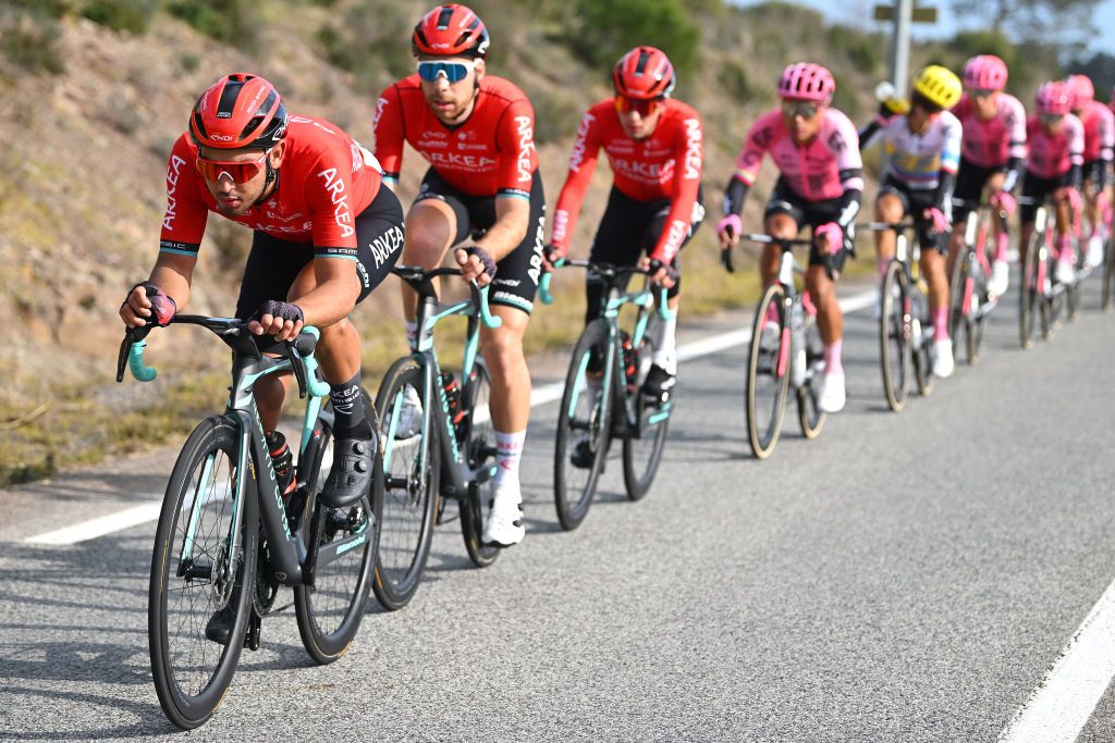 ANTIBES FRANCE FEBRUARY 18 Donavan Grondin of France and Team Arka Samsic leads the peloton during the 55th Tour Des Alpes Maritimes Et Du Var 2023 Stage 2 a 1794km stage from MandelieulaNapoule to Antibes tour0683 on February 18 2023 in Antibes France Photo by Luc ClaessenGetty Images