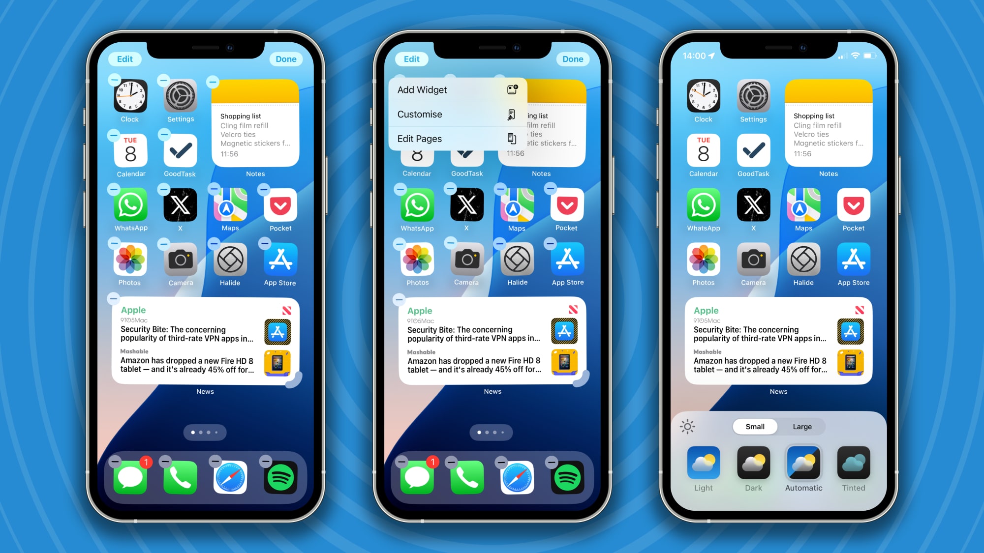 Several iPhones against a blue background, each showing different ways to edit the Home Screen in iOS 18.