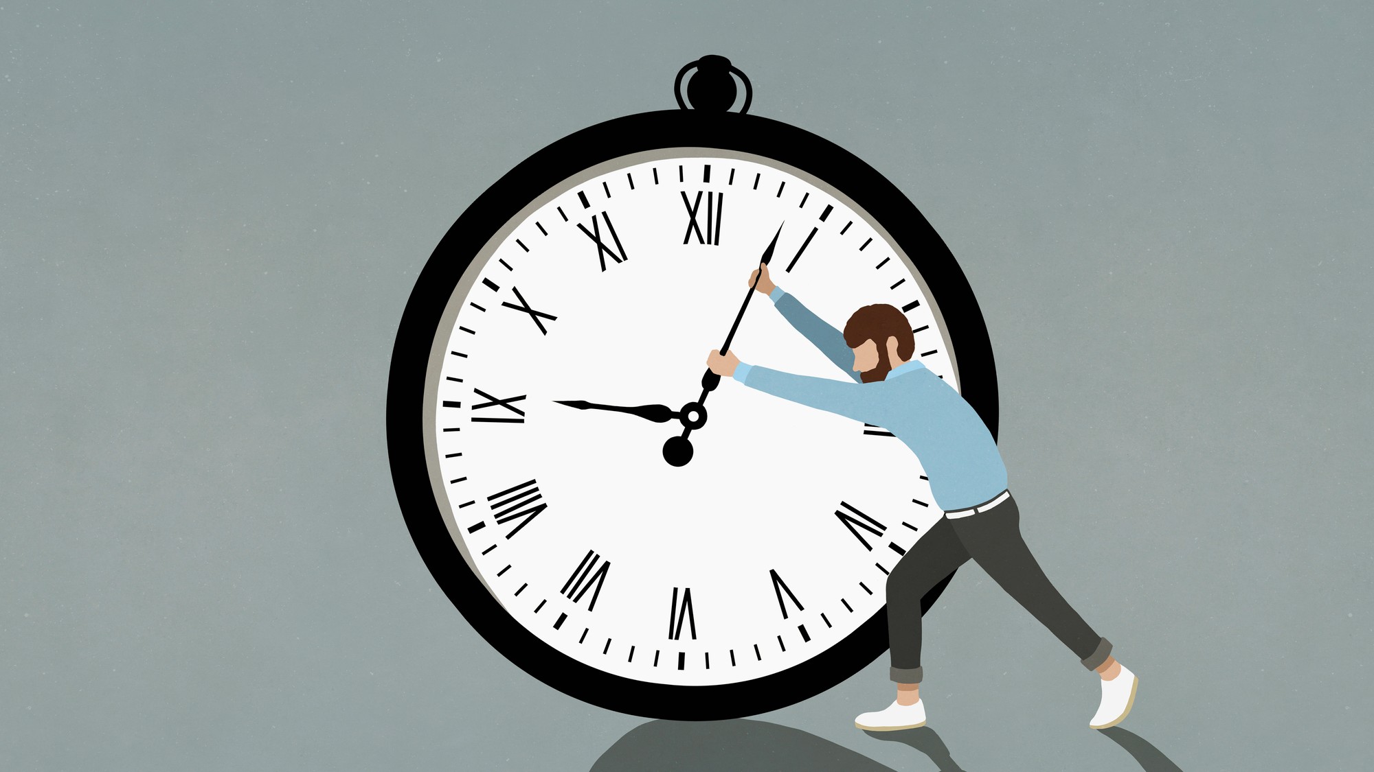 Man pulling arms of clock