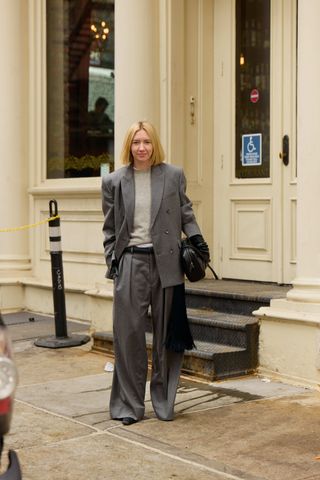 Grey suits street style.