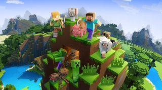 Minecraft official artwork - Steve and Alyx stand on a grassy hill made of cubes with a sheep, creeper, zombie, skeleton, and pig.