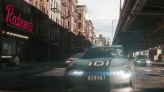 Cars speeding past Ratner's Restaurant in the race through New York in Ready Player One