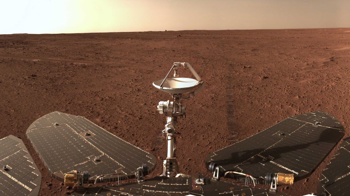 China&#039;s Zhurong Mars rover captured this panorama of the Red Planet. Visible in the foreground are the rover&#039;s solar panels and communications equipment.