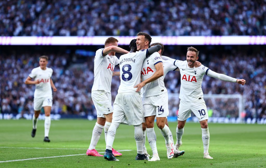 Yves Bissouma, Ivan Perisic and James Maddison of Tottenham Hotspur celebrates their teams second goal during the Premier League match between Tottenham Hotspur and Manchester United at Tottenham Hotspur Stadium on August 19, 2023 in London, England. (Photo by Chloe Knott - Danehouse/Getty Images)