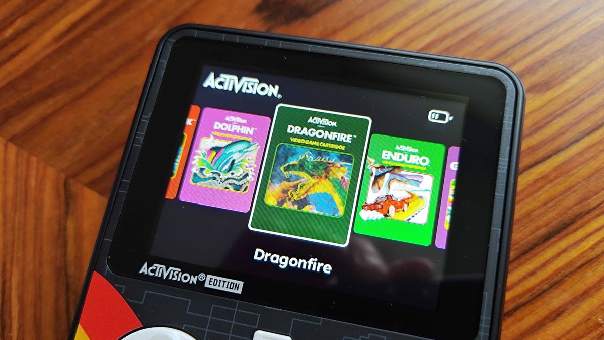 Close up of Super Pocket Activision Edition screen with Dragonfire selected.