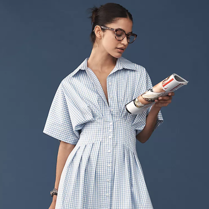 The Tobie Button-Front Pleated Shirt Dress by Exquise in Blue and White Gingham