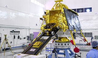 The Vikram lander of the Chandrayaan-2 mission, with the rover Pragyan on its ramp, as seen before the spacecraft's July 2019 launch.